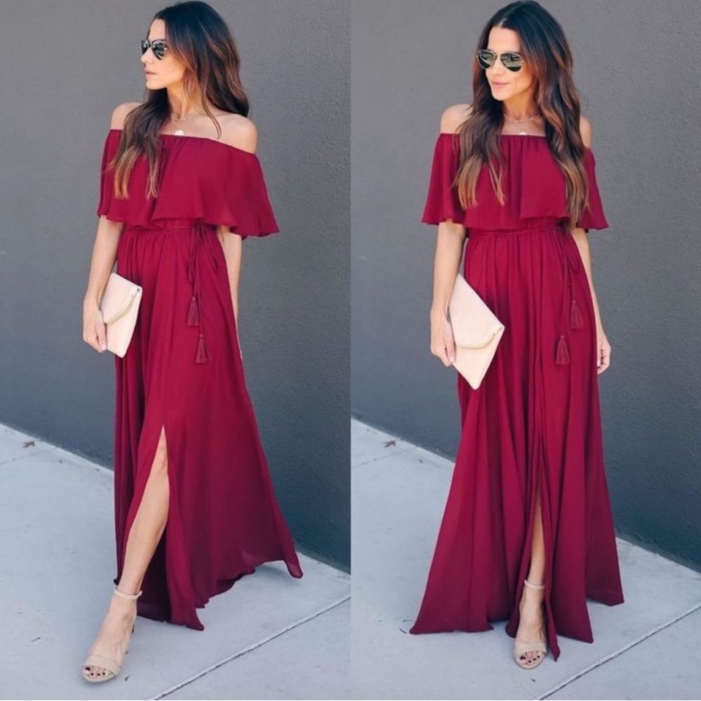 VICI Collection Wine Burgundy Off the Shoulder OTS Maxi Dress S
